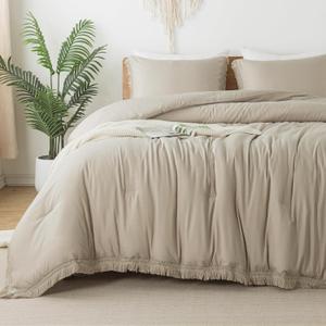 Andency Oatmeal Comforter Set California King, 3 Pieces Boho Tassel Lightweight Bedding Comforter Sets, All Season Soft Fluffy Fringe Bed Set (104x96In Comforter & 2 Pillowcases)