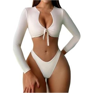 OYOANGLE Women's 2 Piece Long Sleeve Swimsuits Tie Front Crop Rash Guard Swimsuits Swimwear (Apricot)