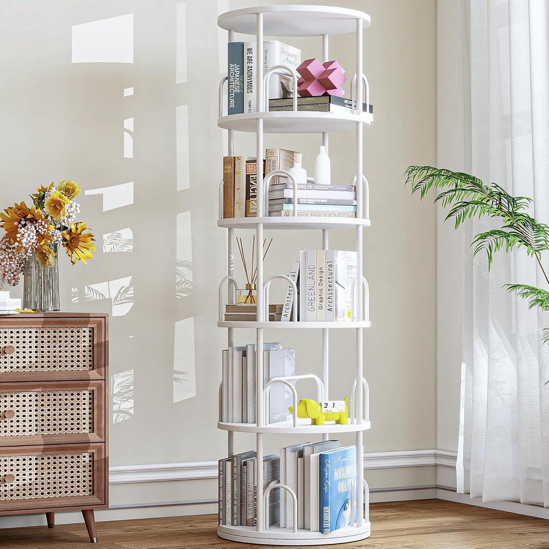 5 Tier Rotating Bookshelf, 360  Display Stackable Spinning Bookshelf Tower,Round Space Saving Tall Floor Standing Swivel Bookcase Corner Storage Organizer for Bedroom/Living Room/Office (White)