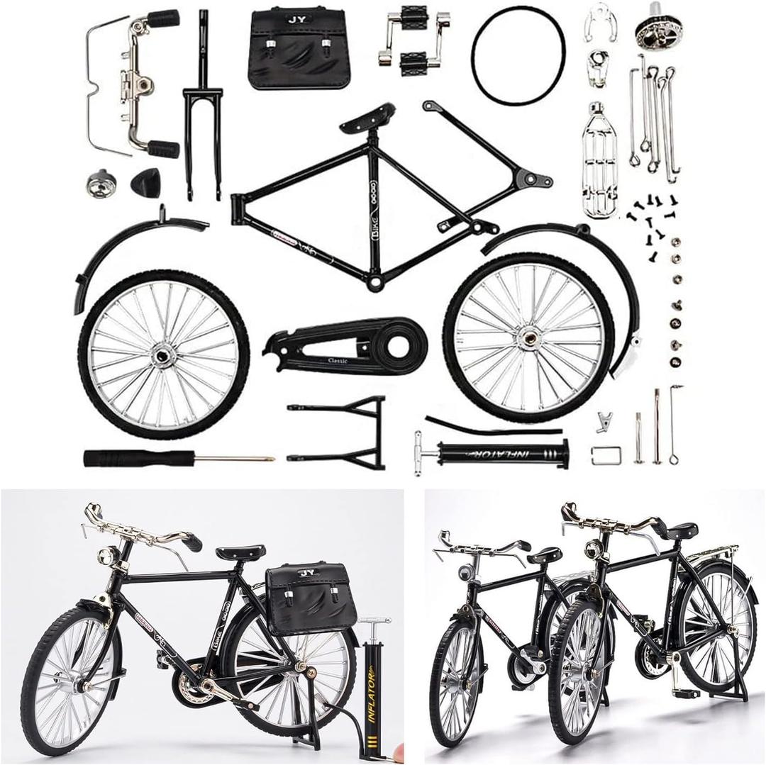 2025 New 51 Pcs DIY Retro Bicycle Model Ornament For Kids, Creative 1:10 Simulation Mini Bicycle Model Scale Kit With Inflator and Briefcase, Finger Bike Models Toys For Desktop Decoration Ornament (Black)