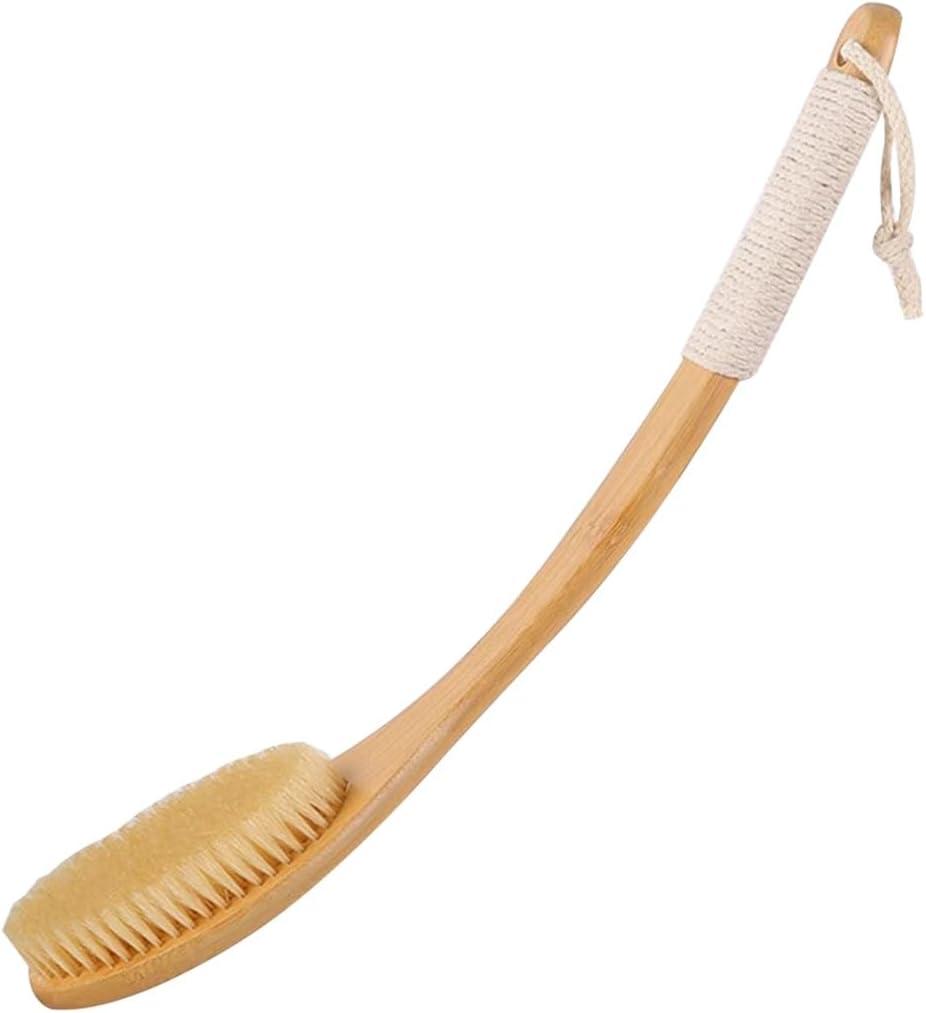Household Long Curved Handle Bath Brush, Natural Bamboo Body Scrubber with Hanging Rope, Hard and Soft Bristle/Oval Brush Head, Deep Cleaning(Original Color B,56 * 7.6cm)
