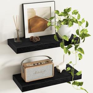 Fun Memories Deep Floating Shelves - 16" W x 9.3" D x 1.6" H Rustic Black Wall Shelf - Wall Mounted Shelves for Storage - Wooden Shelves with Invisible Brackets for Living Room, Farmhouse - Set of 2