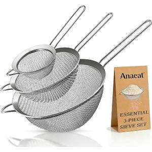 Anaeat Fine Mesh Strainers  Premium Stainless Steel Colander Sieve Sifters, with Durable Mesh and Sturdy Handle, Excellent for Sifting Dry ingredients, Flour, Pastas, Rice, Tea (3.15"+5.5"+7.87")