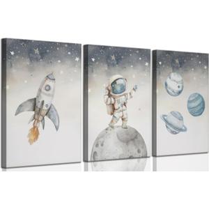 3 Pcs Space Nursery Canvas Wall Art Whimsical Outer Space Astronauts Kid Painting Pictures Wall Decor Poster Print Artwork for Boys Room Girls Room Kids Room Decoration, 24L"x16W"
