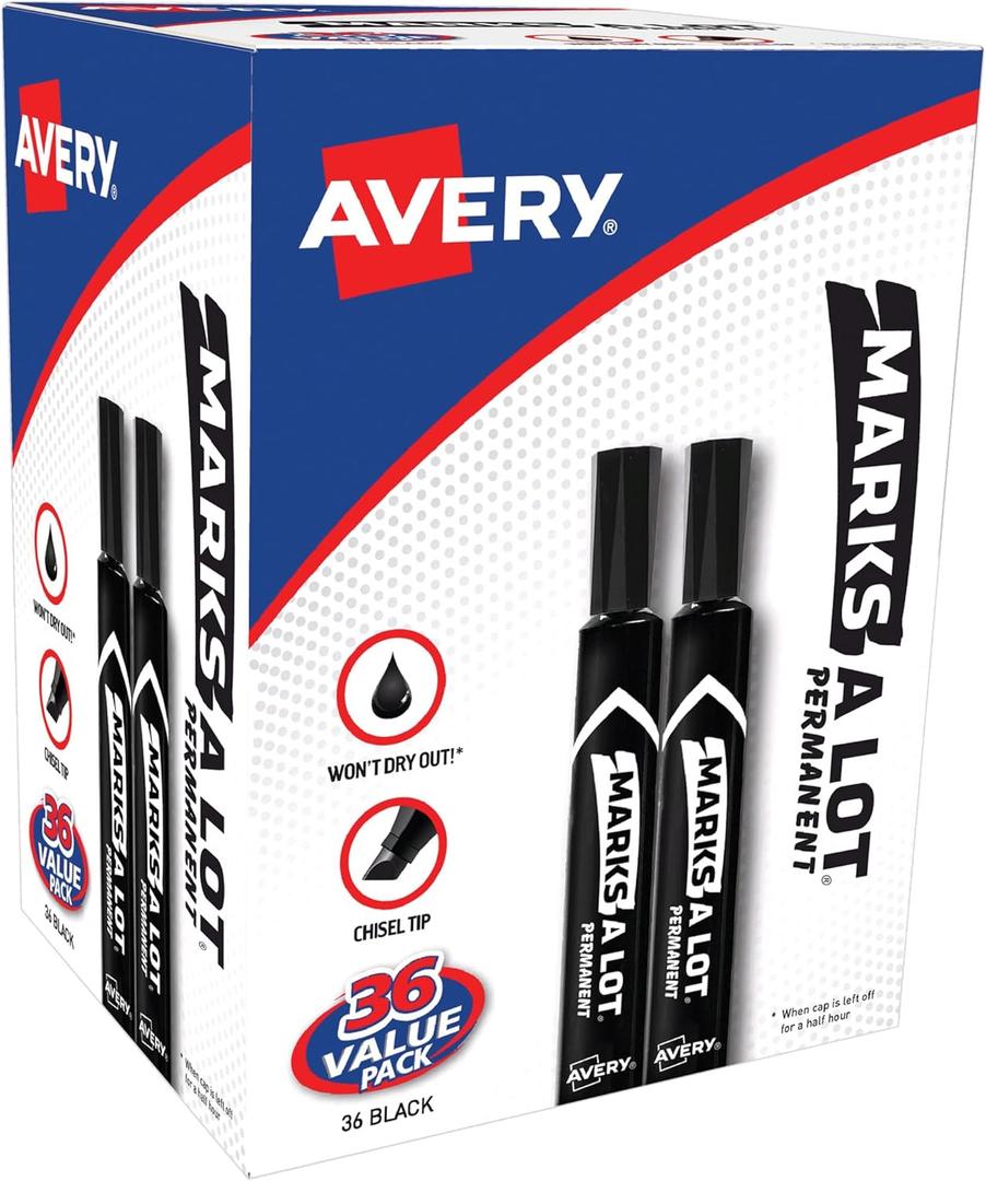 Avery Marks A Lot Permanent Markers, Large Desk-Style Size, Chisel Tip, Value Pack, 36 Black Markers Total, Ideal for Signs, Posters, Labeling, and More (98206)