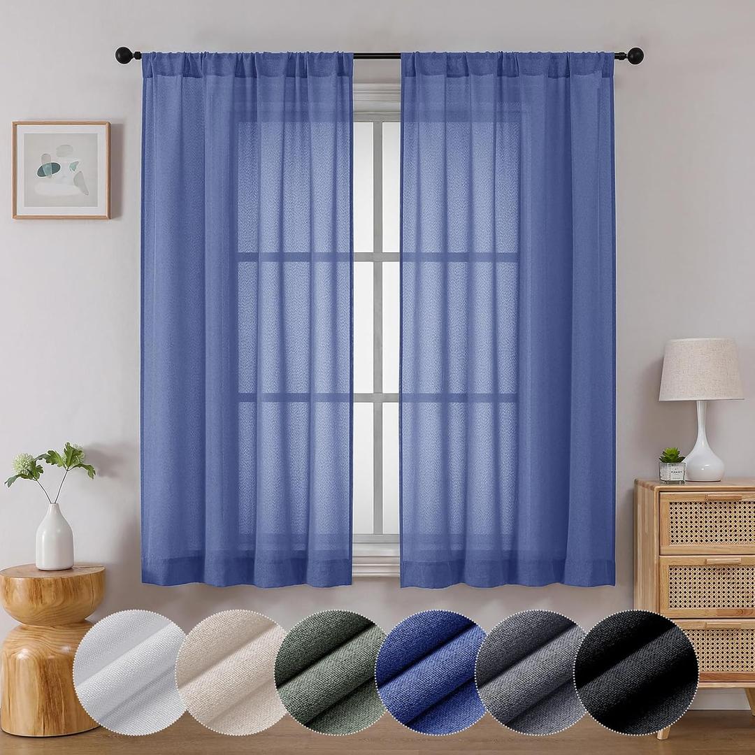 Lecloud Serena Semi Sheer Blue Curtains 63 Inch Length Set of 2, Airy & Privacy Farmhouse Curtain for Windows, Dining Room Bedroom Curtain Panels (Each 40 W x 63 L, 2 Panels Set, Blue)