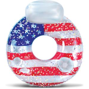 POZA Inflatable USA Pool Float - Luxurious Fun Lounger Filled with Sparkle Silver Stars Confetti, Cool USA Flag Design Water Swimming Pool Floaties for Beach, Lake & Pool (USA Luxury Tube)