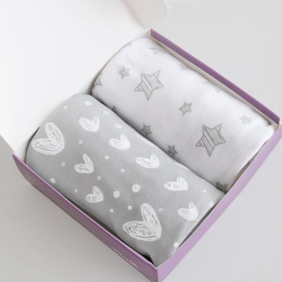 Bassinet Sheets Fit for Simmons Kids by The Bed City Sleeper Bassinet(Twins), Moses Basket and Hospital Bassinet, 100% Cotton, 2 Pack, Gray and White Print