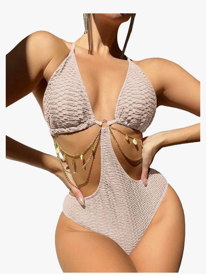 OYOANGLE Women's Chain Linked Cut Out Halter One Piece Swimsuit Tummy Control Bathing Suit S