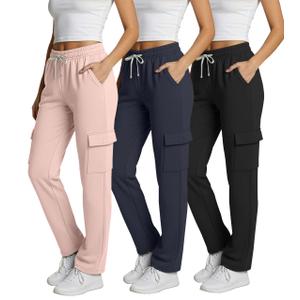 Real Essentials 3 Pack: Women's Fleece Cargo Sweatpants, Open Bottom Lounge & Athletic Casual Pants with Pockets - Set 5,L (L)