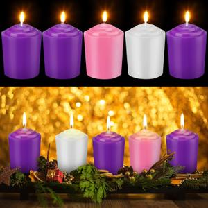 5 Pcs Advent Pillar Candle Set Christmas Round Pillar Candles 3 Purple 1 Pink 1 White Wax for Advent Rings Wreath Candle Holders for Xmas Holidays Celebration Church Wreath Home Decor 1.5 x 2.3 Inch