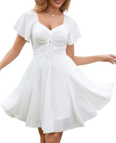 Florboom Women's Summer Sweetheart Neckline Drawstring Dress Tie Back Flutter Short Sleeve Mini Dresses XL