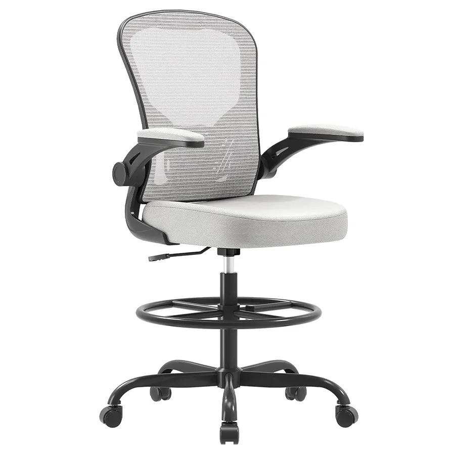 Drafting Chair, Tall Office Chair with 3D Lumbar & Head Support, Ergonomic Mesh Standing Desk Chair with Footring, Comfy Extended High Desk Chair with Flip-Up Arms & Hanger,Gray