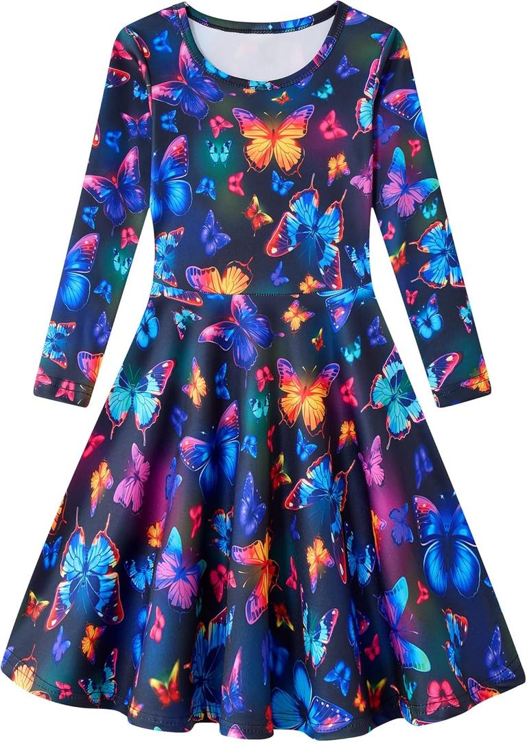 Funnycokid Girls Dress Size 9 10 Long Sleeve Butterflies Kids Neon