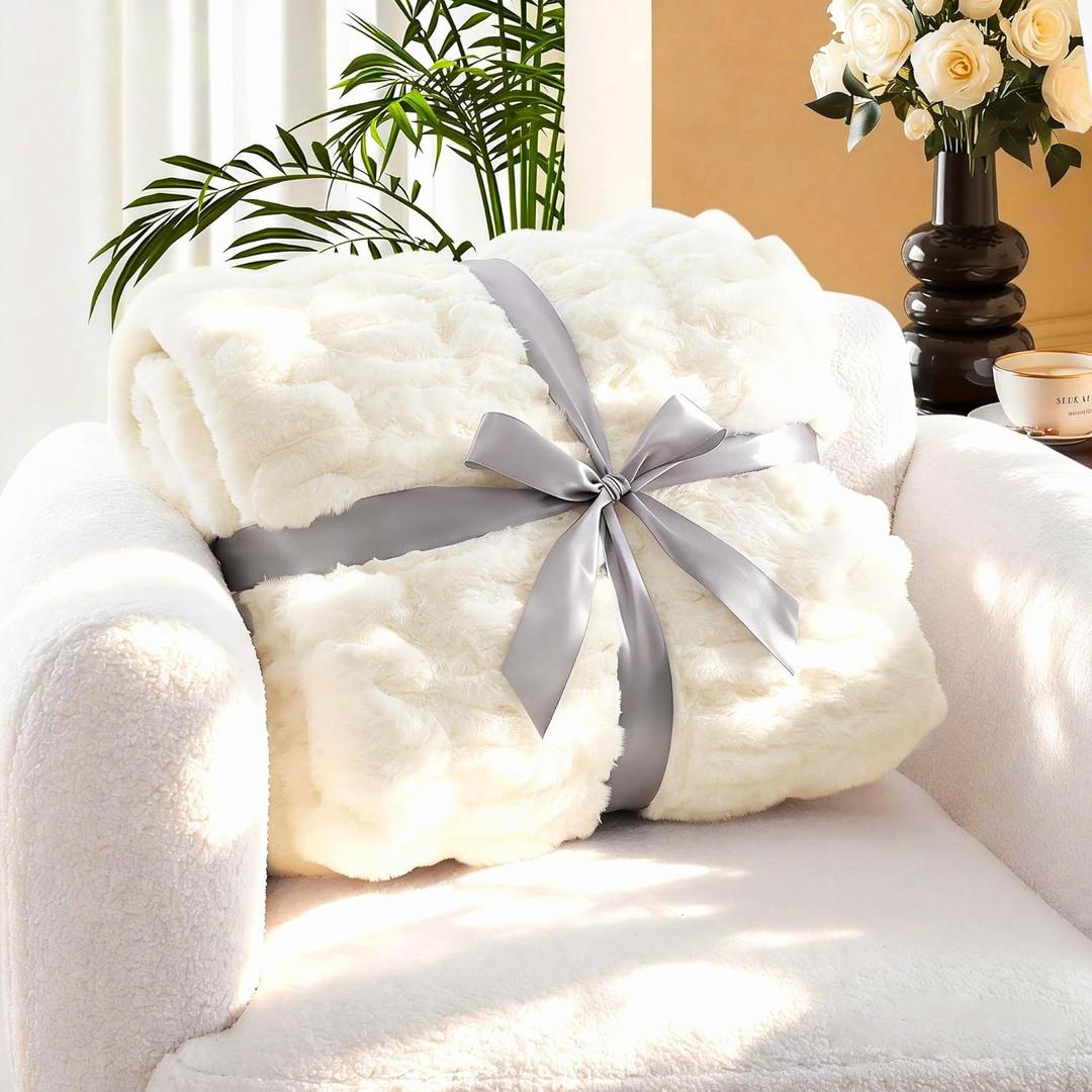 Tejoe Luxury Ruched Faux Rabbit Fur Throw Blanket  Ultra Soft & Cozy Gift, Plush Fuzzy Fluffy Blanket for Couch, Bed, Living Room Decor, 60"x80", Beige