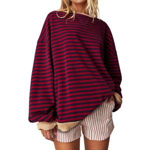 UEU Women Oversized Striped Crewneck Sweatshirt Long Sleeve Color Block Pullover Tops Casual Loose Workout Shirt, X-Large