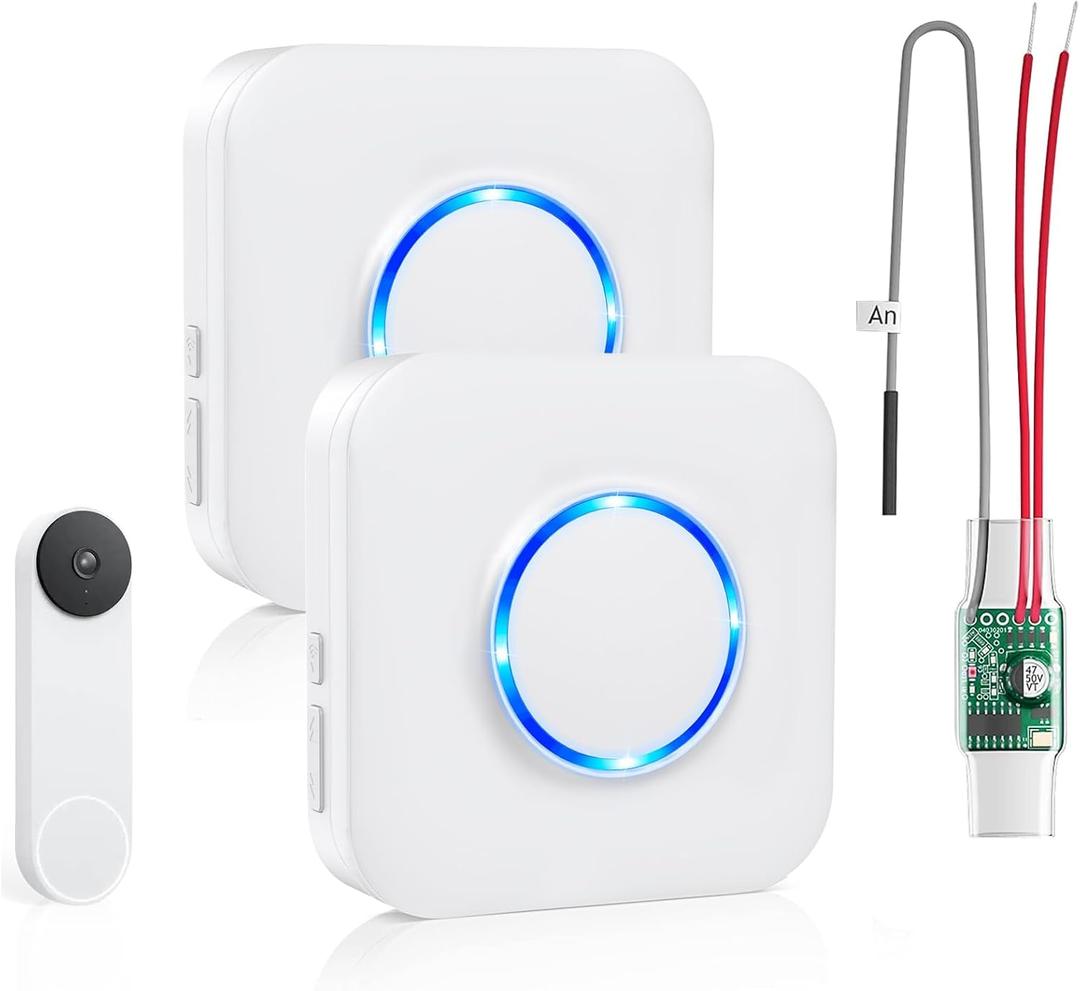 Satisure Wireless Doorbell Chime for Google Nest Doorbell (Wired, 2nd Gen) Doorbell Extender with Receiver Connects to Existing Hardwired 58 Chimes and 5 Volume for Home (1 Video Extender 2 Receiver (White)