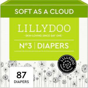LILLYDOO Baby Diapers - Size 3 (13+ lbs), Half-Monthly Supply (87 Count), Leak Protection, Skin-Friendly, Ultrasoft, Perfume- & Chlorine-Free, Hypoallergenic, Dermatologist Tested, Oeko-TEX