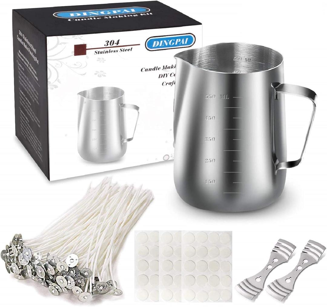 DINGPAI Candle Making Kit, DIY Candles Craft Tools,1pc Candle Make Pouring Pot,50pcs Candle Wicks, 50pcs Candle Wicks Sticker and 2pcs 3-Hole Candle Wicks Holder (550ml candle pot kit)