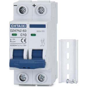 DC Miniature Circuit Breaker, 2 Pole 600V 10 Amp Isolator for Solar PV System, Thermal Magnetic Trip, DIN Rail Mount DC Disconnect Switch C10