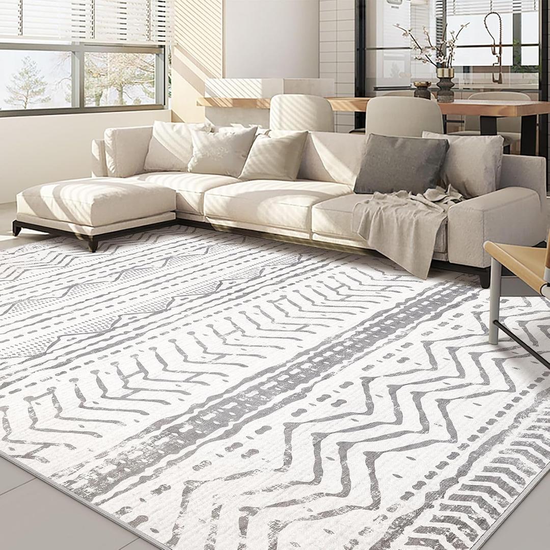 5'x7' Area Rug Living Room: Machine Washable Boho Large Neutral Farmhouse Stain Resistant Indoor Floor Rugs Moroccan Carpet for Bedroom Nursery Dorm Classroom Playroom Dining Room Home House- Grey White (Color Gray White)