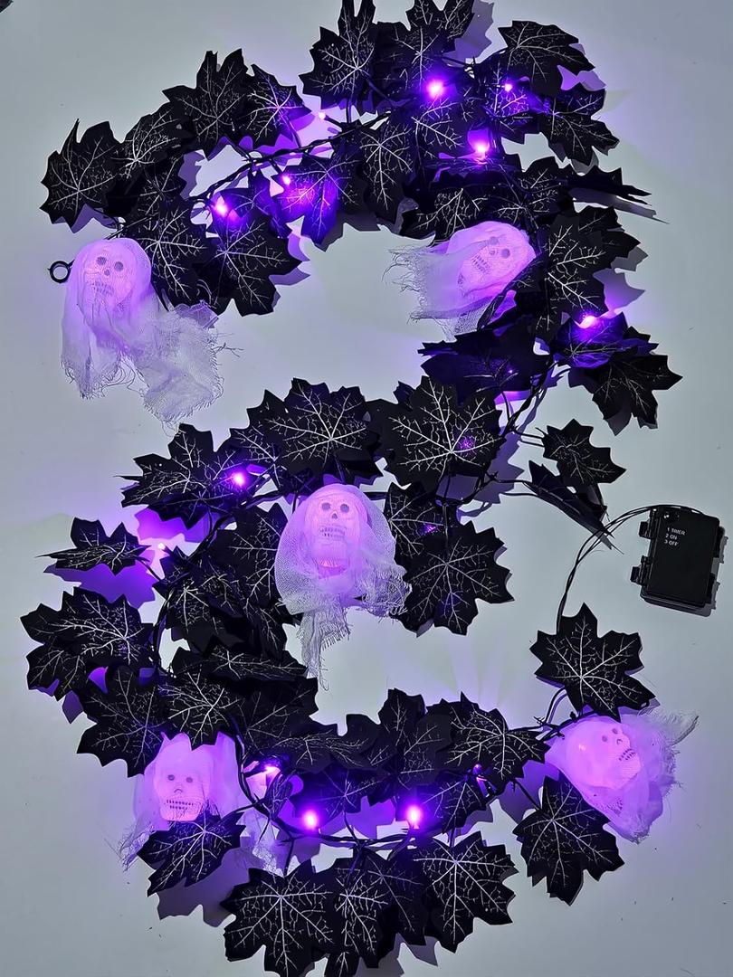 Black Maple Halloween Garland Decor Purple Lights Artificial Wreaths for Wall Fireplace Outdoor Indoor Yard Haunted House Decoration (Skeleton Maple Garlands)