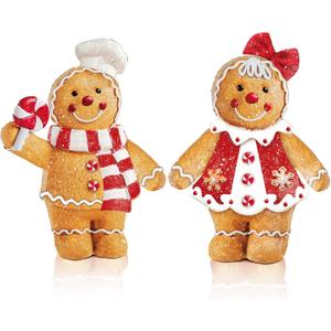 2 Pieces Christmas Gingerbread Decorations Christmas Resin Gingerbread Man Figurines with Chef Hat Candy Bow Scarf Gingerbread Table Decor Christmas Decor for Home Kitchen Mantel Decorations