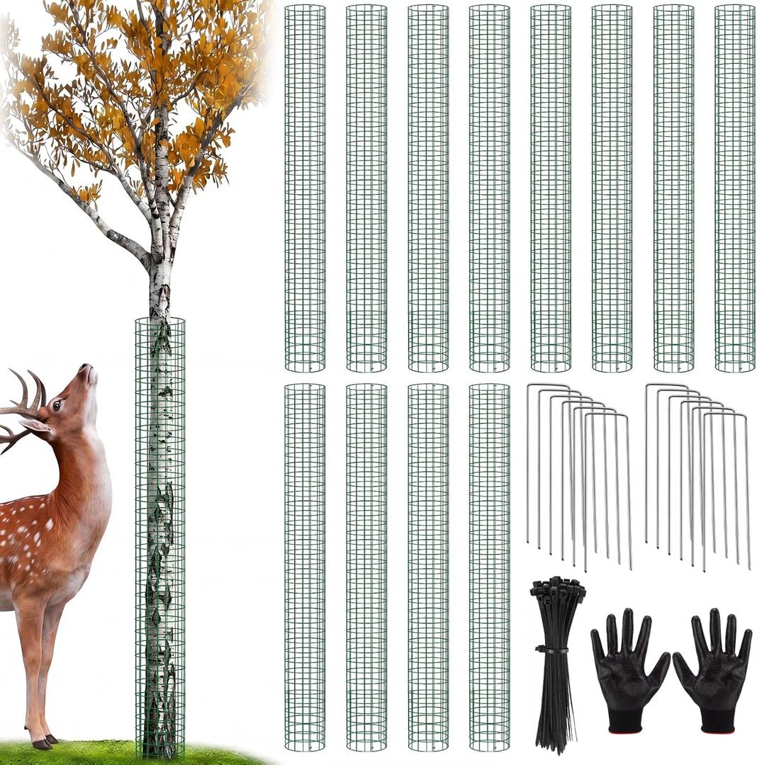 12 Pack 60" Metal Tree Trunk Protectors Heavy Duty Mesh Tree Guards Expandable Trunk Protector Guard with Zip Ties, Stakes & Gloves for Saplings, Trees, Gardens and Landscapes