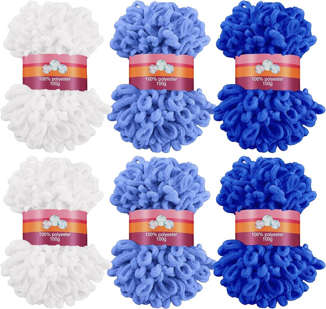 Threlaco 6 Pack Finger Loops Yarn Bulk Soft Chunky Yarn 600 G/ 6 Skeins for Mothers Day Beginners Knitting No Needles or Hooks(White, Light Blue, Dark Blue)