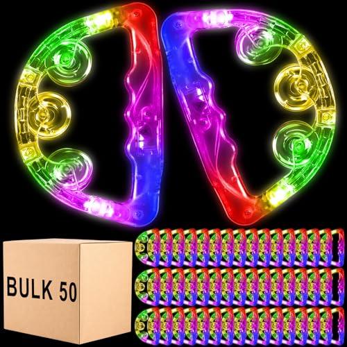 50 Pack LED Light up Tambourines with Flashing Lights Tambourine for Adults, Glow in The Dark Half Moon Handheld Percussion Musical Instrument for Weddings Dance Floor Props(Multicolor Lights)