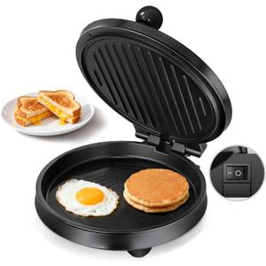 3-in-1 Electric Griddle & Panini Press - CACHOO 8" Nonstick Round Griddle and Sandwich Press with On/Off Switch, 180 Open Design, Perfect for Pancakes, Omelettes, Quesadillas, Veggies (Black)