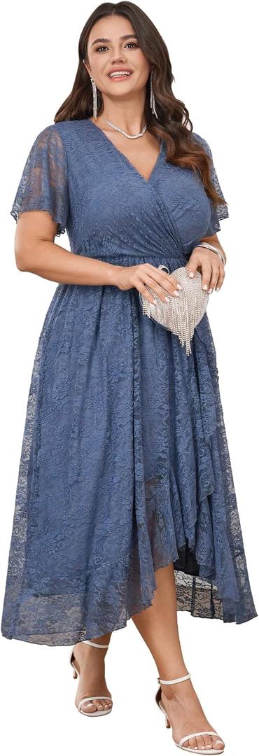 SCOMCHIC Womens Plus Size Wedding Guest Dress Formal Lace Wrap V Neck High Low Short Sleeve Cocktail Maxi Dresses -4XL (Grey Blue)