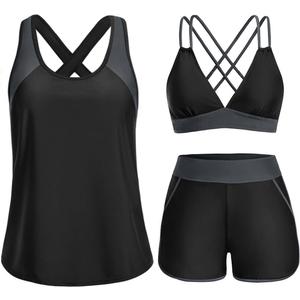 Daci Women 3 Piece Tankini Swimsuits - Tummy Control Tank Top with Bra Modest Bathing Suit with Pockets Boyshorts Bottom 2026 (Black, XL)