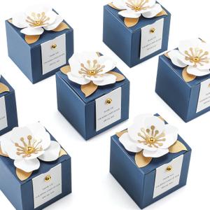 Affrolling 50 Pcs Wedding Favor Boxes with Thanks Card Square Flower Candy Boxes Paper Bridal Gift Box for Guests Wedding Bridal Shower Birthday Party Anniversary (Blue)