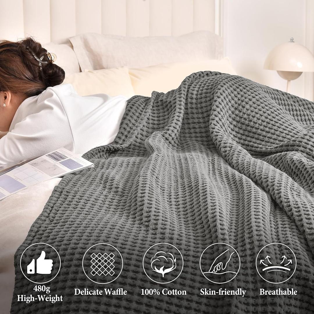 PHF 480GSM 100% Washed Cotton Waffle Weave Blanket, Cozy Breathable Skin-Friendly Throw King Size for All Season, Luxury Fall Layer Bedspread for Couch Bed Sofa, Elegant Home Decor,Grey, 90"x90"
