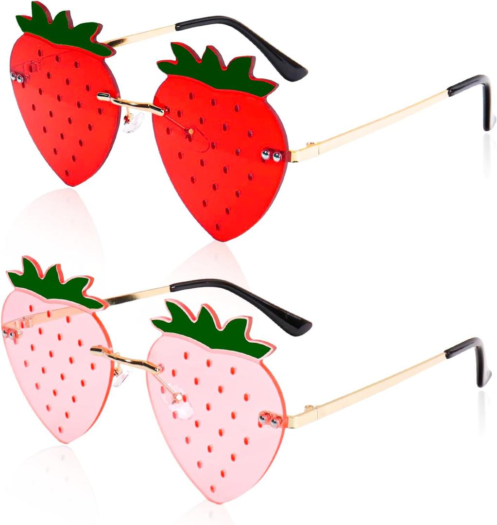 Rimless Strawberry Shape Sunglasses for Women Men Party Halloween Christmas Cosplay Glasses Prom Accessories (Red+pink)
