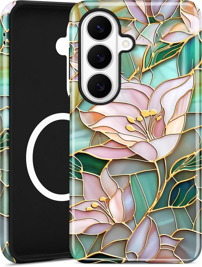 Compatible with MagSafe Case for Samsung Galaxy S23 Ultra, Cute Aesthetic Stained Glass Lily Flower Magnetic Design Phone Case, Soft TPU and Hard PC Protective Phone Cover for Women Girls