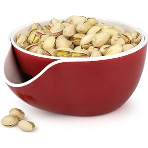 Pistachio Bowl, Snack Serving Dish, Double Peanut Bowl with Nut Seeds Shell Candy Storage, Red