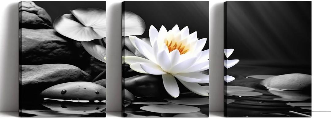 Lotus Wall Art 3 Panels Zen Decor Black and White Picture SPA Stones Painting Water Lily Canvas Prints Flowers Posters for Bathroom Living Room Framed Artwork - 11"x14"x3P