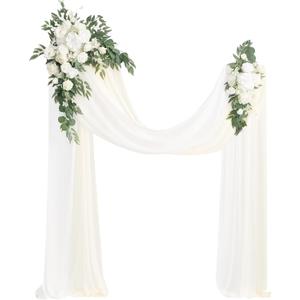 Ling's Moment Artificial Wedding Arch Flowers Kit Pack of 4, 2pcs Hanging Silk Flowers Arrangement 2pcs Chiffon Drapes Ceremony Spring Fake Rose Arbor Backdrop White Sage Floral Party Outdoor Decor
