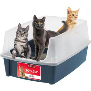 IRIS USA Cat Litter Box XX-Large Open Top with High Sided Walls Tall Scatter Shield Scoop Included Easy Clean Plastic Pan for Big Cats Kittens Multi-Cat Households 30"L x 20"W x 14"H Navy