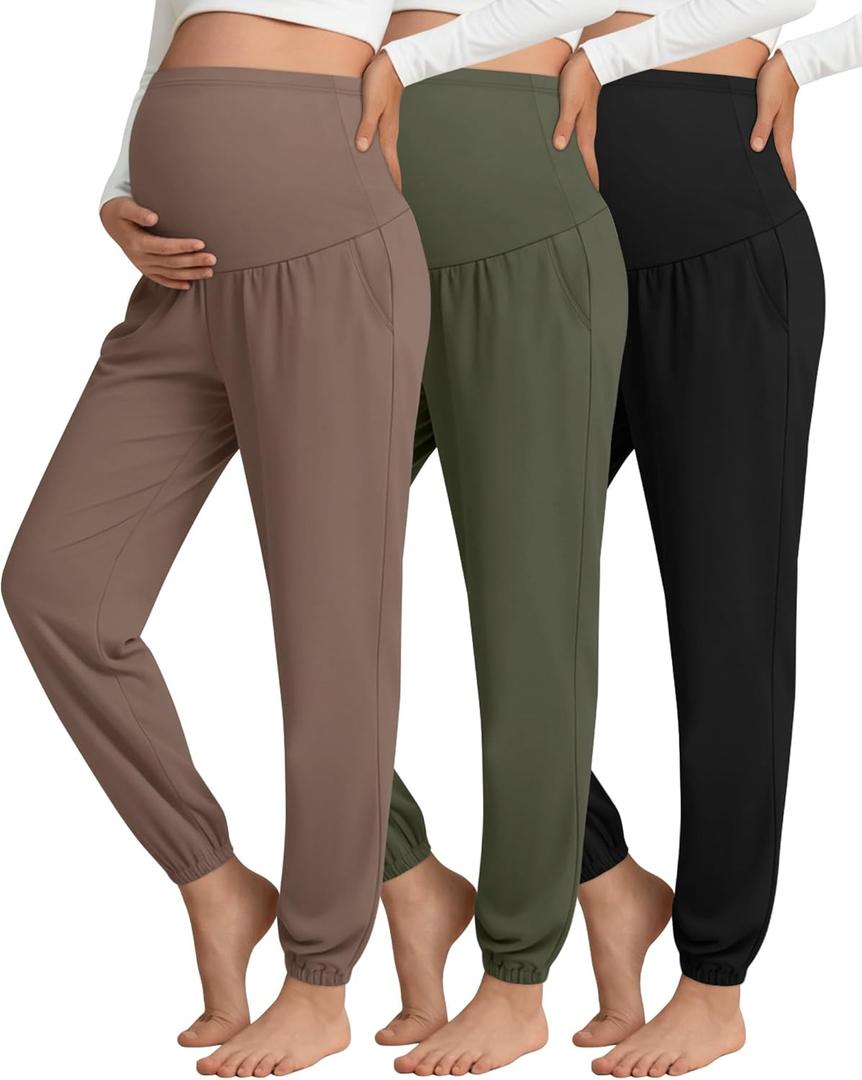 3 Pack Women's Maternity Pants Maternity Jogger Sweatpants Over The Belly Stretchy Pregnancy Pants with Pockets (Medium, Coffee,army Green,black)