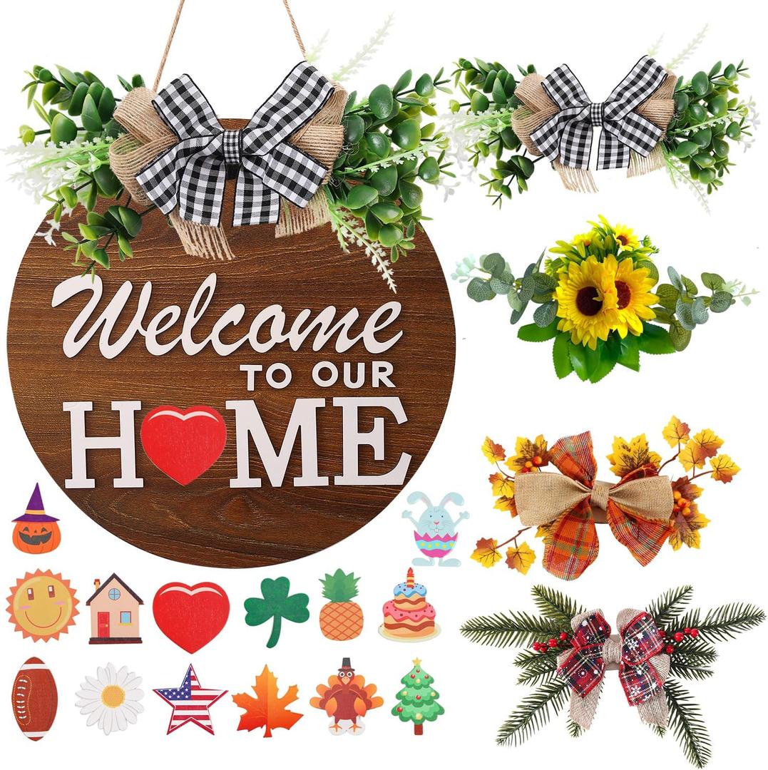 Interchangeable Welcome Sign for Front Door with 4 Seasonal Wreaths and 14 Changeable Icons, Farmhouse Front Door Signs, Door Decoration Porch Decor, Seasonal Wooden Home Sign home dcor (6wood)
