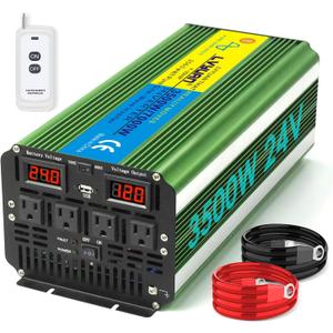 LVYUAN 3500W Pure Sine Wave Inverter DC 24V to AC 110V/120V Car Inverter with 4 AC Outlets USB Port for Camping/Truck/RV/Solar System/Travel Camping (Green)