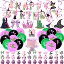 Pink and Green Witch Birthday Happy Birthday Party Decorations, Witch Theme Party Supplies Set Include Banner, Balloons and Cupcake Toppers for Girl's Party Decor