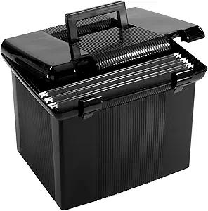 Pendaflex Portable File Box with File Rails, Hinged Lid with Double Latch Closure, Black, 3 Black Letter Size Hanging Folders Included (41742AMZ)