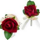2pcs Red Rose Wrist Corsage and Boutonniere Set Wrist Corsage Wristlet Band and Man Boutonniere Set for Wedding Flower Accessories Prom Suits