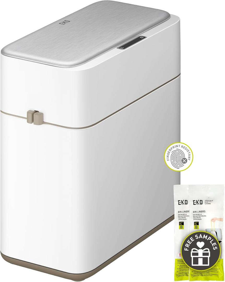 EKO Automatic Bathroom Trash Can with Lid, 2.1 Gallon Touchless Garbage Bin with Removable Bucket, Slim Stainless Steel Garbage Bin, Motion Sensor Trash Can for Bathroom, Bedroom, Office, White (BONO 8L-Mist White)