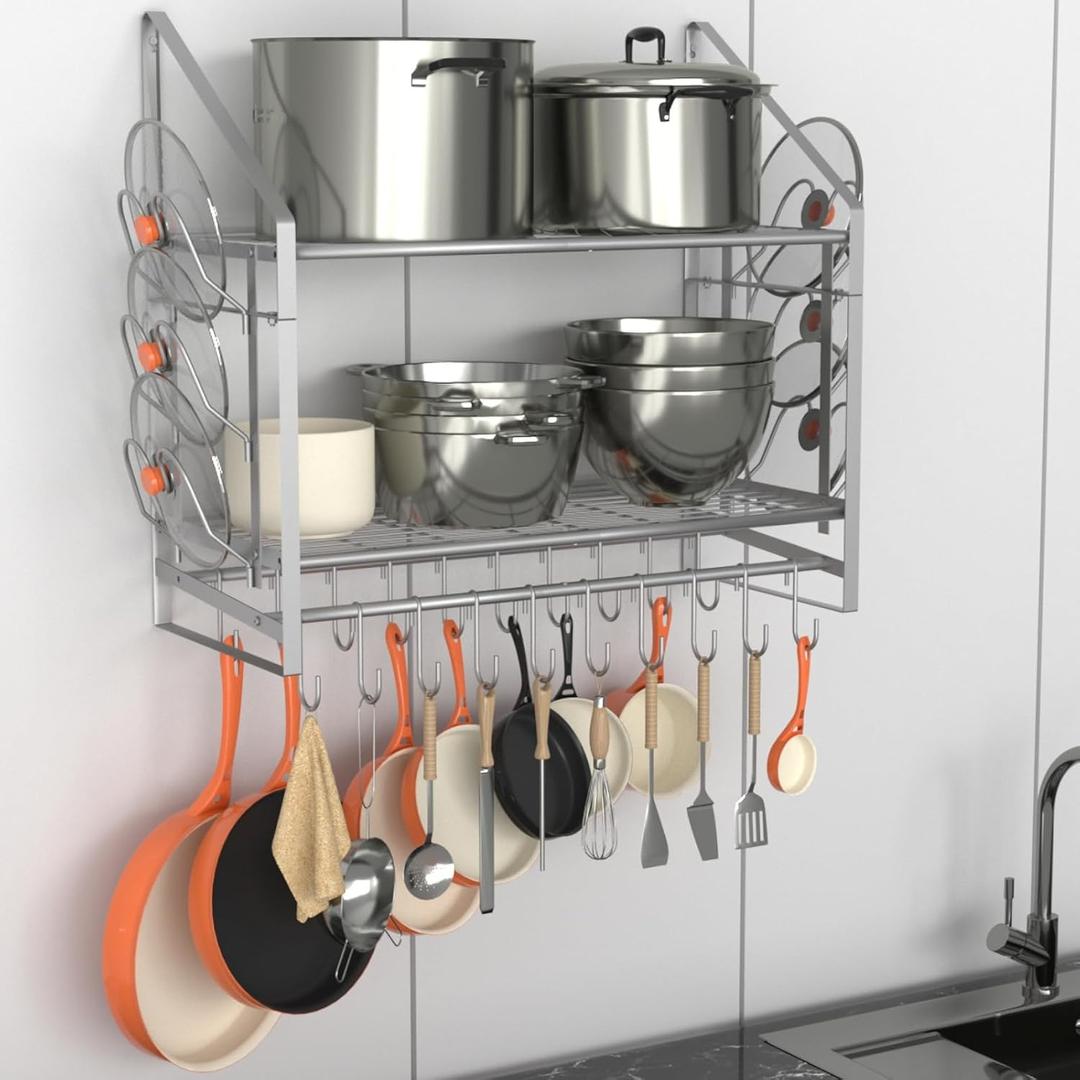 VyGrow 35 Inch Pot Rack Wall Mounted, 2 Tier Pots and Pans Organizer with 20 Hooks and 6 Pot Lid Holders, Heavy Duty Steel Pot and Pan Hanger for Kitchen Cookware Utensils Storage, Silver