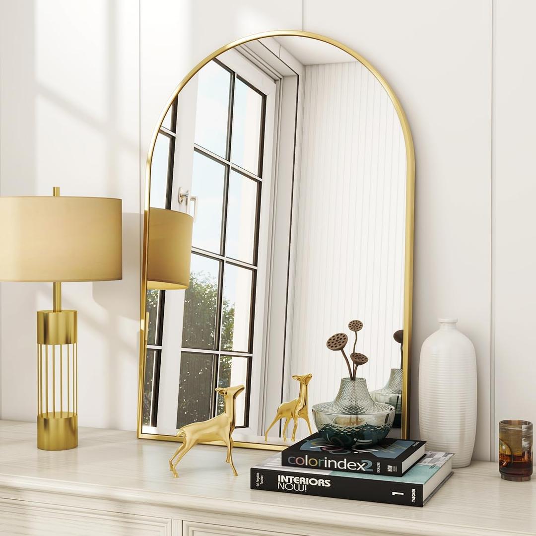 VooBang Arched Wall Mirror, 24 x 36 inch Arch Bathroom Mirror, Wall Mounted Vanity Mirror with Arch Metal Frame, Modern Bathroom Vanity Mirror for Bedroom, Living Room, Hanging or Leaning, Gold